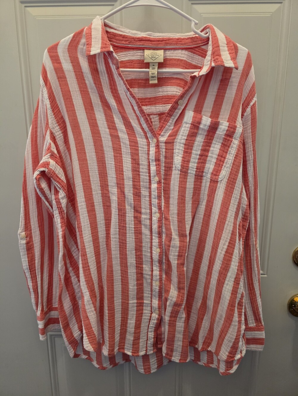 St. John's Bay Coral and White Striped Button-Down Shirt Size XL